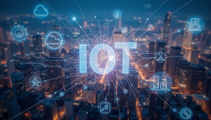 Internet of Things - A cityscape with interconnected icons illustrating the concept of smart technology and digital connectivity