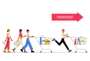 Shopping Rush With Customers Pushing Carts Toward Discounts In Flat Vector Illustration Symbolizing Retail Sales, Consumer Behavior, And Competitive Shopping, Isolated On White Background.