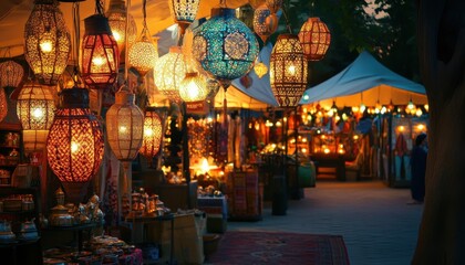 Vibrant Night Market with Glowing Lanterns and Colorful Goods
