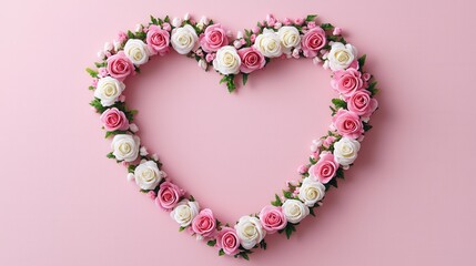 Obraz premium Symmetrical Heart Shape Made of Pastel Pink Roses and White Flowers Against a Soft Pink Background