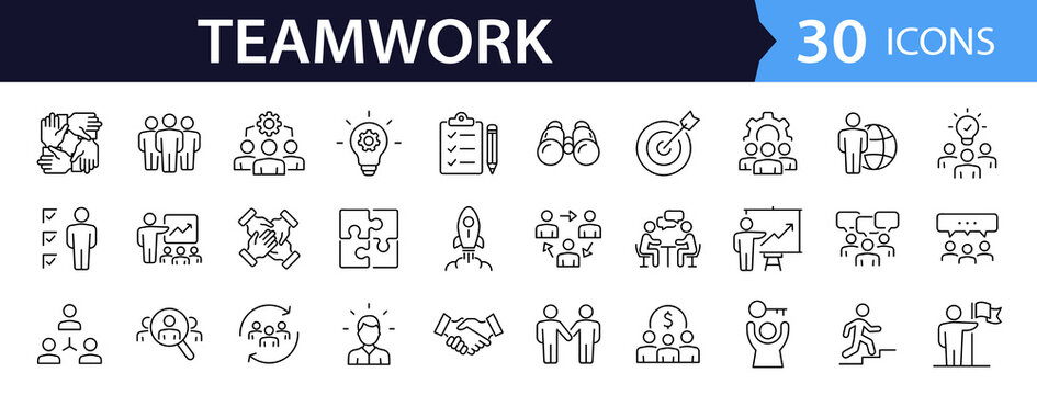Team work set of web icons in line style. Teamwork and business cooperation icons for web and mobile app. Partnership, synergy, interaction, management, collaboration, meeting, workplace and more.