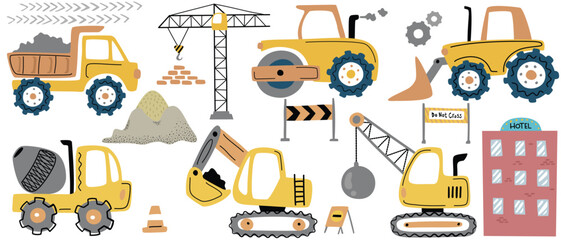 Group of construction vehicle with construction element in hand drawn style, vector cartoon illustration
