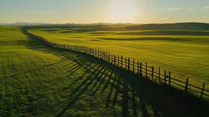 Naklejka premium Long shadows of a wooden fence stretch across a lush green field as the first rays of the morning sun bathe the landscape.