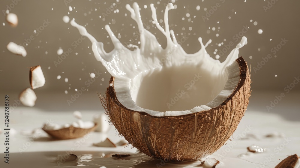 Poster milk splashes out of a coconut shell placed on a white surface, with coconut pieces scattered around