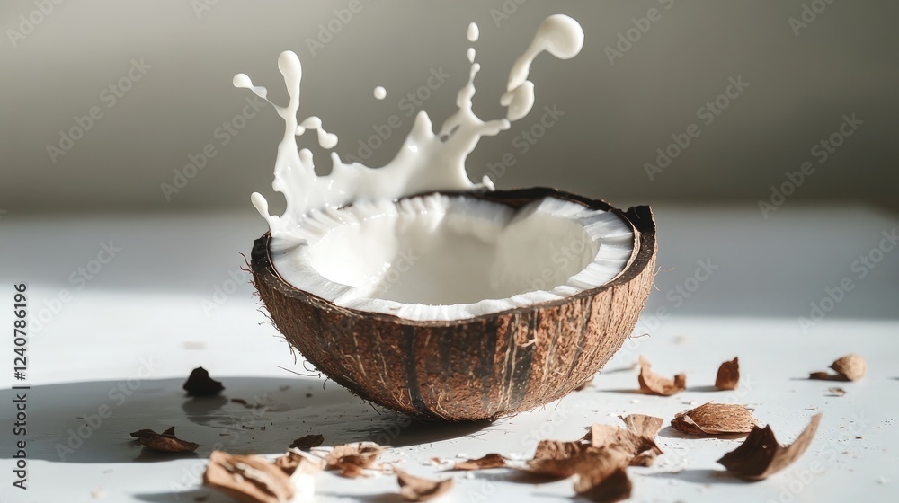 Poster milk splashes out of a coconut shell placed on a white surface, with coconut pieces scattered around