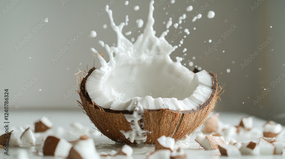 Poster milk splashing from a coconut shell surrounded by coconut pieces on a crisp white surface, highlight