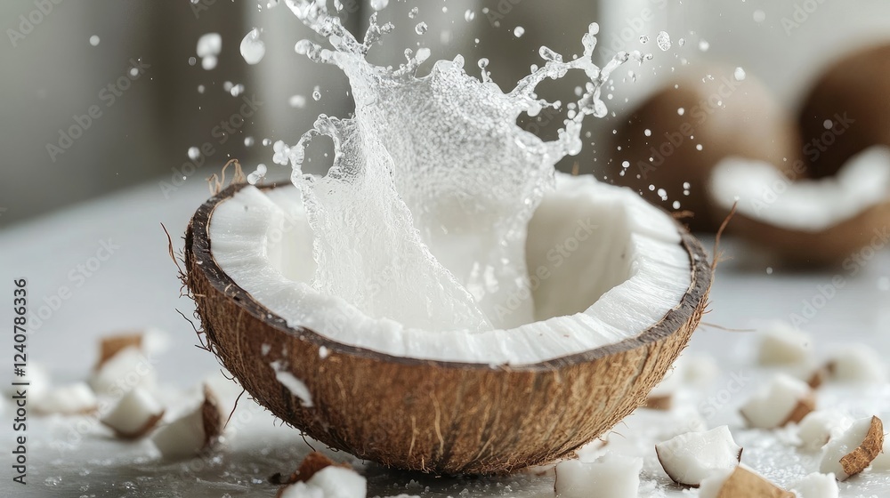 Poster milk splashing from a coconut shell surrounded by coconut pieces on a crisp white surface, highlight