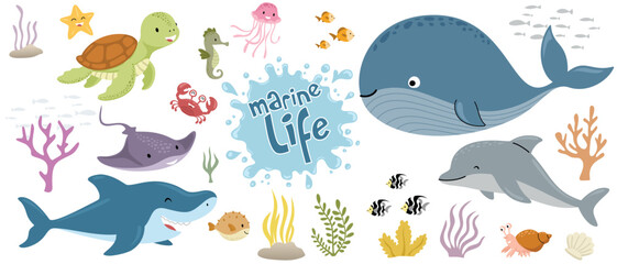 Group of marine animals, vector cartoon illustration