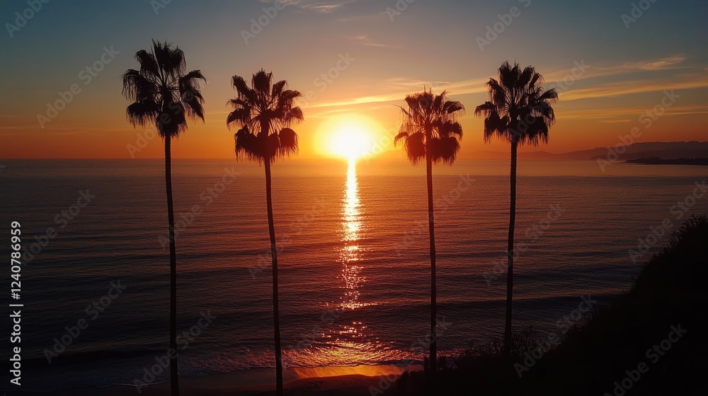 Poster palm trees stand in silhouette as the sun sets over the ocean, casting a beautiful glow across the c