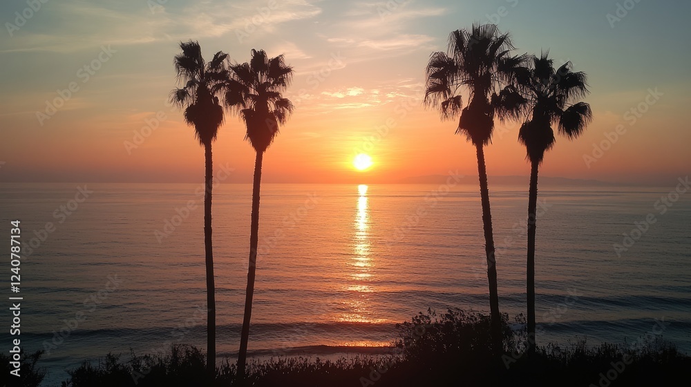 Poster palm trees stand in silhouette as the sun sets over the ocean, casting a beautiful glow across the c