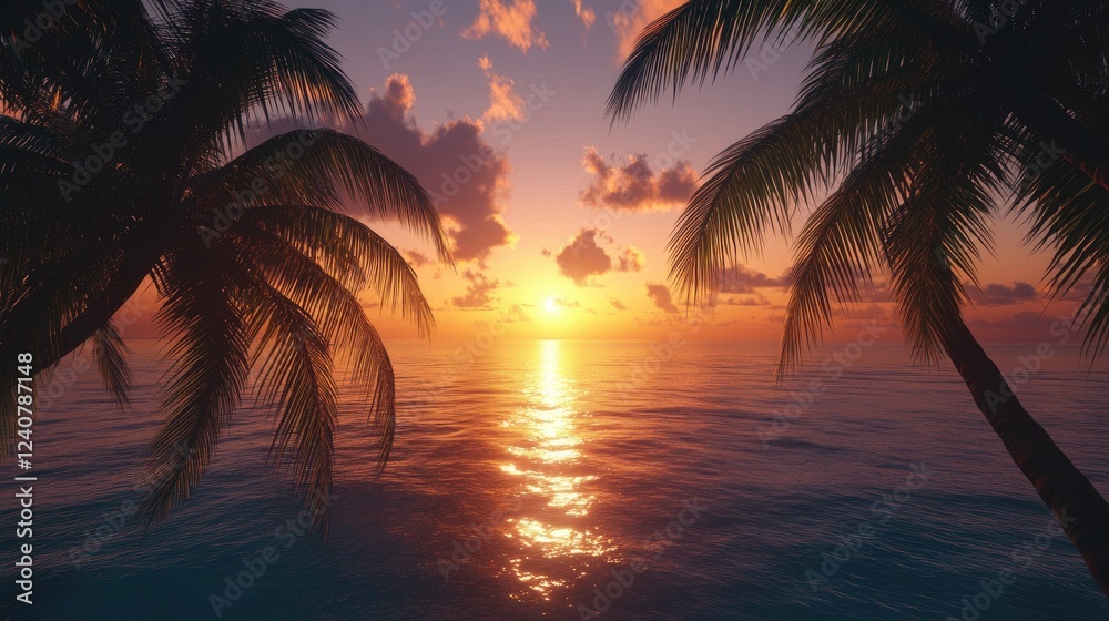 Poster palm trees stand in silhouette as the sun sets over the ocean, casting a beautiful glow across the c