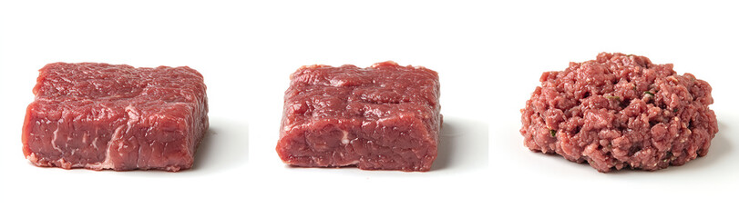 Obraz premium Ground beef in three different sizes, on a white background, isolated. 