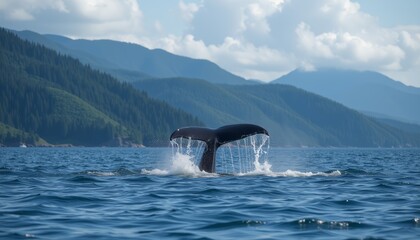 Fototapeta premium Whale's tail emerging from the ocean with mountains in the background representing nature's beauty and marine life.