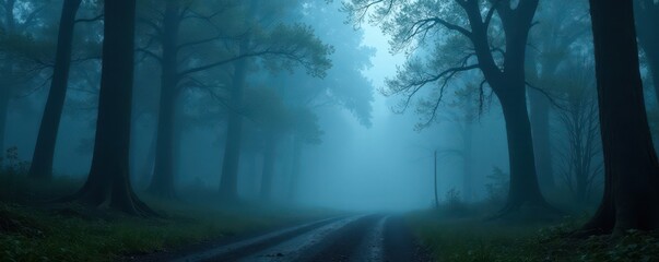 Fototapeta premium Thick fog blankets a dark, brooding forest, creating an air of mystery , somber, atmospheric, fog