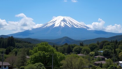 Fototapeta premium Snow-Capped Mount Fuji Overlooking a Serene Village with Lush Greenery and Clear Blue Sky