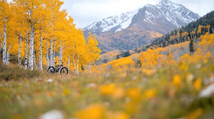 Mountain bike rests amidst autumnal aspen grove, snow-capped peaks backdrop; nature, travel