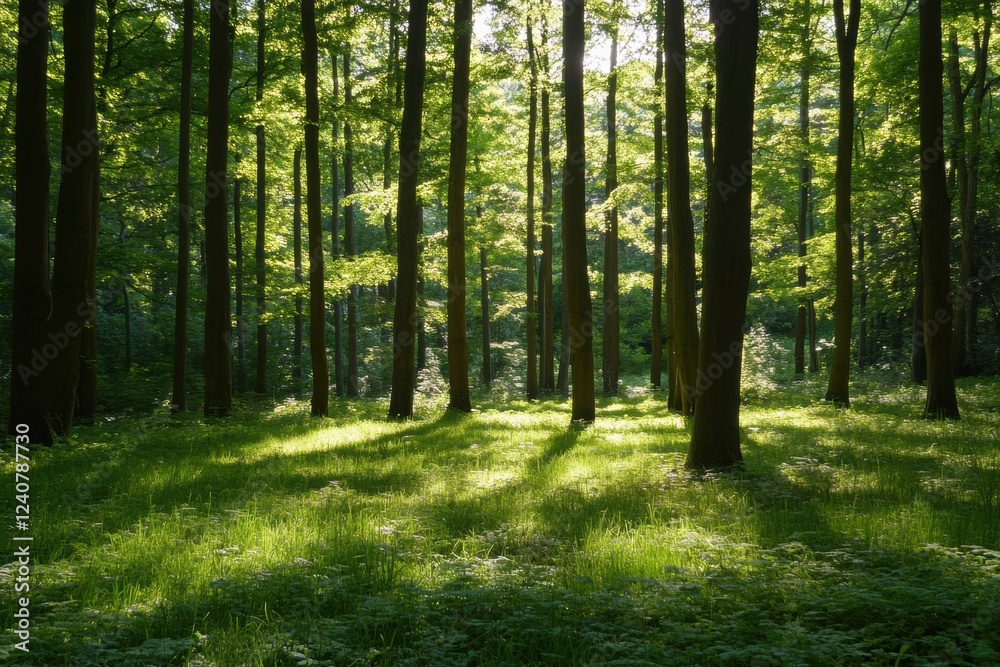 Poster Sunlight filters through a lush forest creating a serene and tranquil atmosphere in daytime. Generative AI