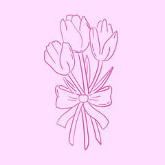 Fototapeta premium Line art tulips with coquette bow. Hand drawn bouquet for valentine's day in pink color. Outline flowers, vector design