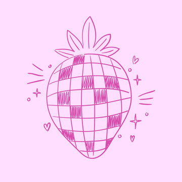 Line art disco straberry in pink color. Cute girls party design. Minimal y2k funky illustration. Vector graphic for card, poster design