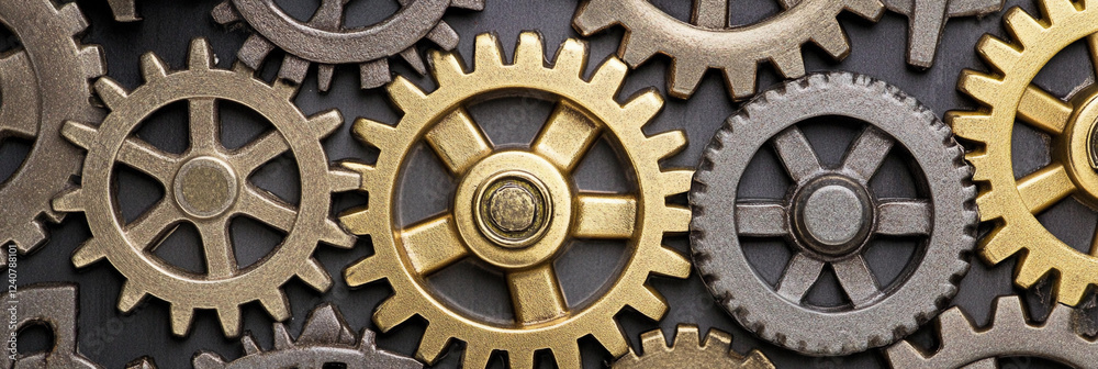 Poster creative arrangement of metallic gears in various sizes