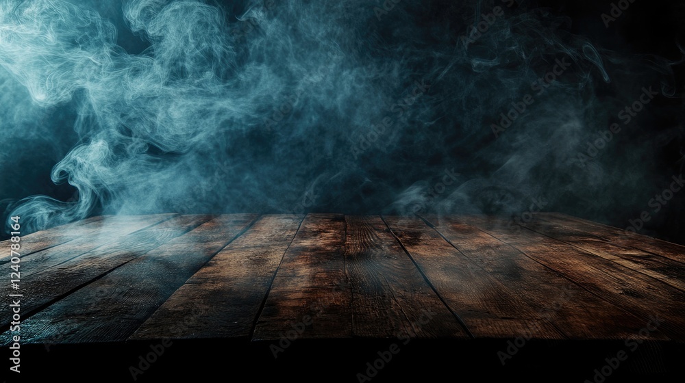 Poster Smoky tendrils swirl around a rustic wooden tabletop against a dark background, creating an atmospheric and moody setting.