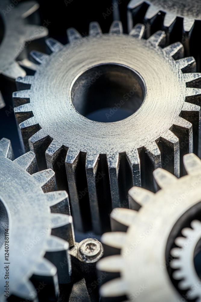 Poster close-up of metallic gears in a mechanical assembly