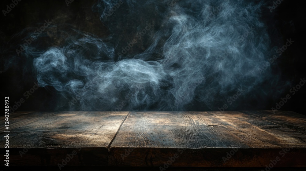 Poster Smoky tendrils swirl around a rustic wooden tabletop against a dark background, creating an atmospheric and moody setting.