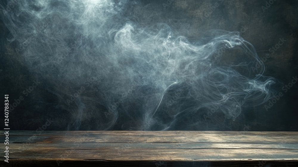 Aufkleber Smoky tendrils swirl around a rustic wooden tabletop against a dark background, creating an atmospheric and moody setting.