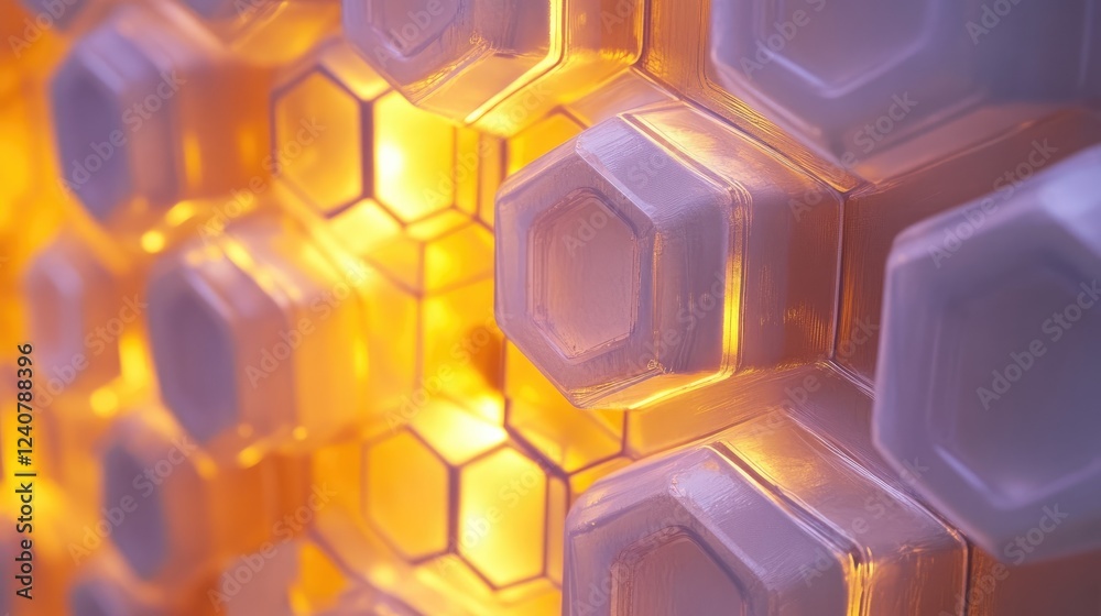 Aufkleber Soft, futuristic light illuminates a complex hexagonal design with interlocking shapes, creating a sleek, digital look.