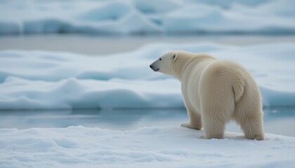 Polar Bear Standing on Snowy Ice with Distant Mountains in the Background