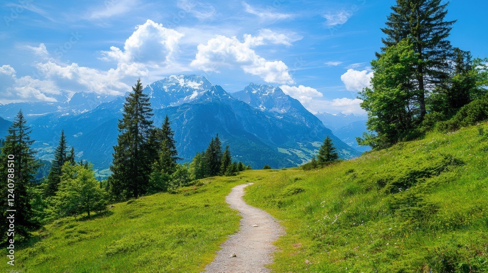 Poster beautiful mountain landscape with a winding path and lush greenery under a bright blue sky in summer