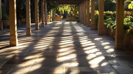 Obraz premium Soft morning sun streams through a pergola, creating long, dramatic shadows across the tiles on the ground.