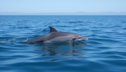 Fototapeta premium Graceful Dolphin Emerging from Calm Ocean Waters Under a Serene Sky