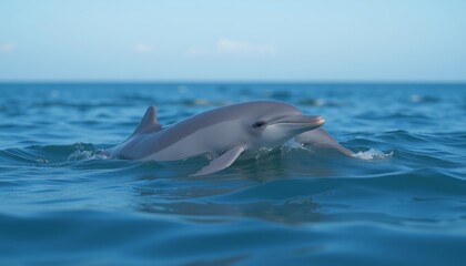 Naklejka premium Graceful Dolphin Emerging from Calm Ocean Waters Under a Serene Sky