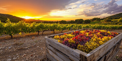 Fototapeta premium Grapes harvested at sunset in a vineyard landscape