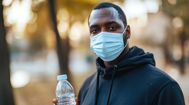 Man Wearing Mask Holds Water Bottle in Park - Powered by Adobe