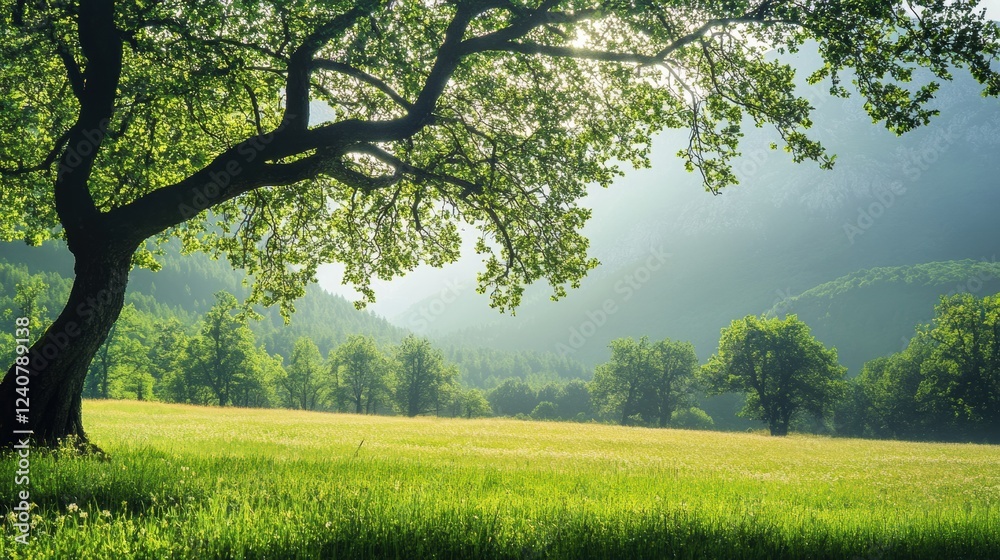 Poster serene landscape with lush trees and vibrant grass illuminated by soft sunlight during early morning