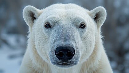 Intense Close-Up Portrait of a Polar Bear's Face Against a Blurred Arctic Background