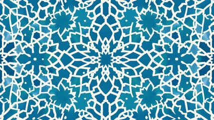 Intricate blue and white geometric pattern with floral motifs, ideal for textile design