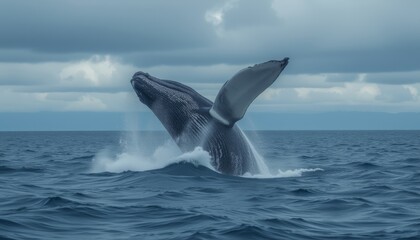 Fototapeta premium Majestic Whale Breaching the Ocean Surface Amidst Splashing Waves and Cloudy Sky