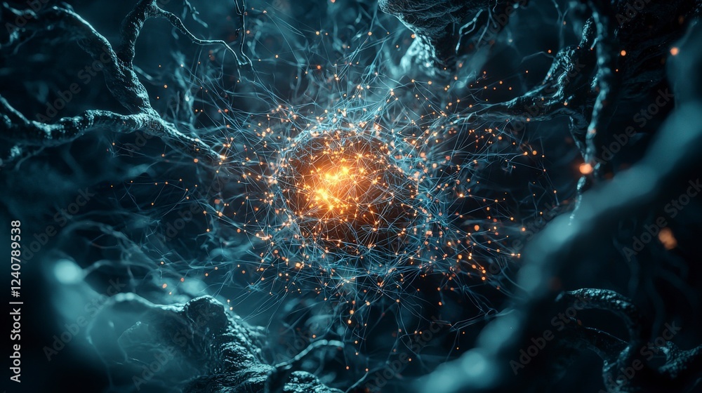 Poster Neural network visualization glowing interconnected nodes abstract environment digital art close-up futuristic concept