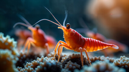 A Lively Underwater Portrait of Vibrant Fire Shrimp (Lysmata debelius) in Their Coral Habitat