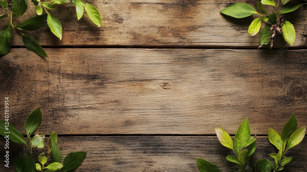 Poster Natural wood background with fresh green leaves arranged around empty space for text or design purposes. Generative AI
