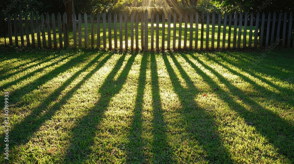 Poster the morning sun creates a beautiful pattern of shadows from a fence across a field of fresh grass, e