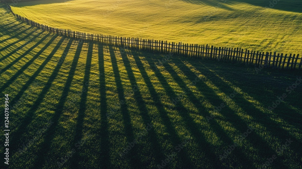 Poster the morning sun creates a beautiful pattern of shadows from a fence across a field of fresh grass, e