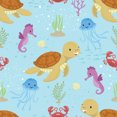 Seamless pattern vector illustration of funny marine animals with seaweed