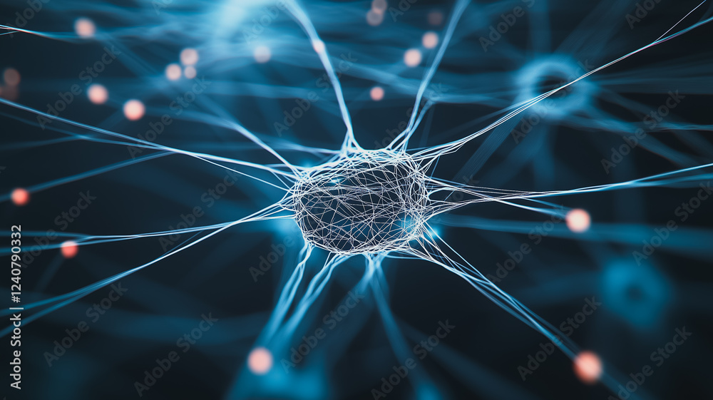 Poster neural network: a captivating micro view of a neuron cell, its intricate network of dendrites and ax
