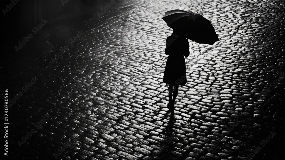 Poster the silhouette of a person with an umbrella stretches across an empty cobblestone street, illuminate