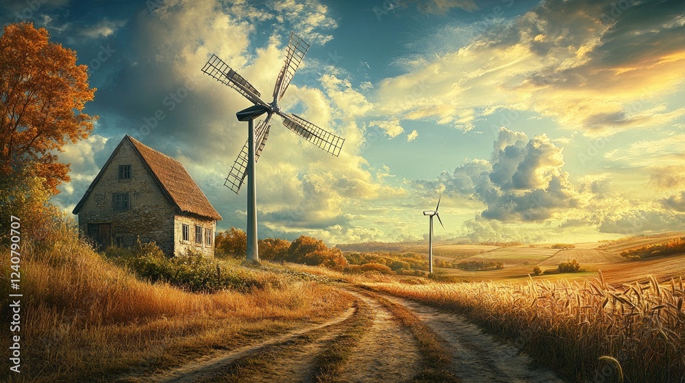 Poster the size difference between a modern wind turbine and a traditional windmill is striking against a s