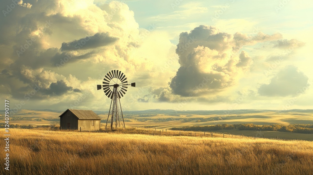 Poster the size difference between a modern wind turbine and a traditional windmill is striking against a s
